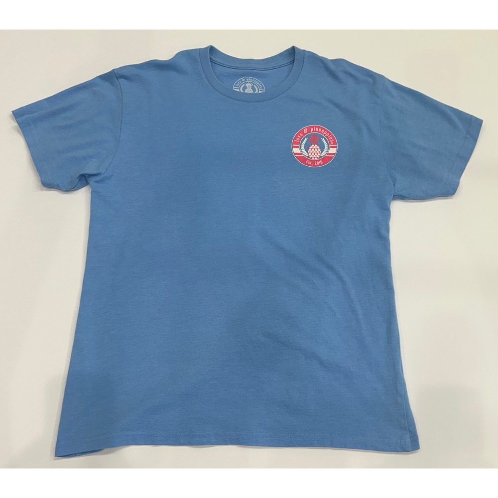 Love & Pineapples Womens Blue Graphic T-Shirt Est 2016 Sunset Beach Tee Large